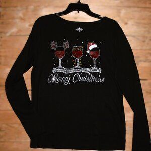 Christmas Wine Glasses rhinestone bling long sleeved shirt XS S M L XL XXL 1X…